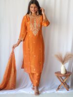 Rust Zariwork Soft Tissue Shimmer Suit Set (Slim Fit) - SALE - Image 2